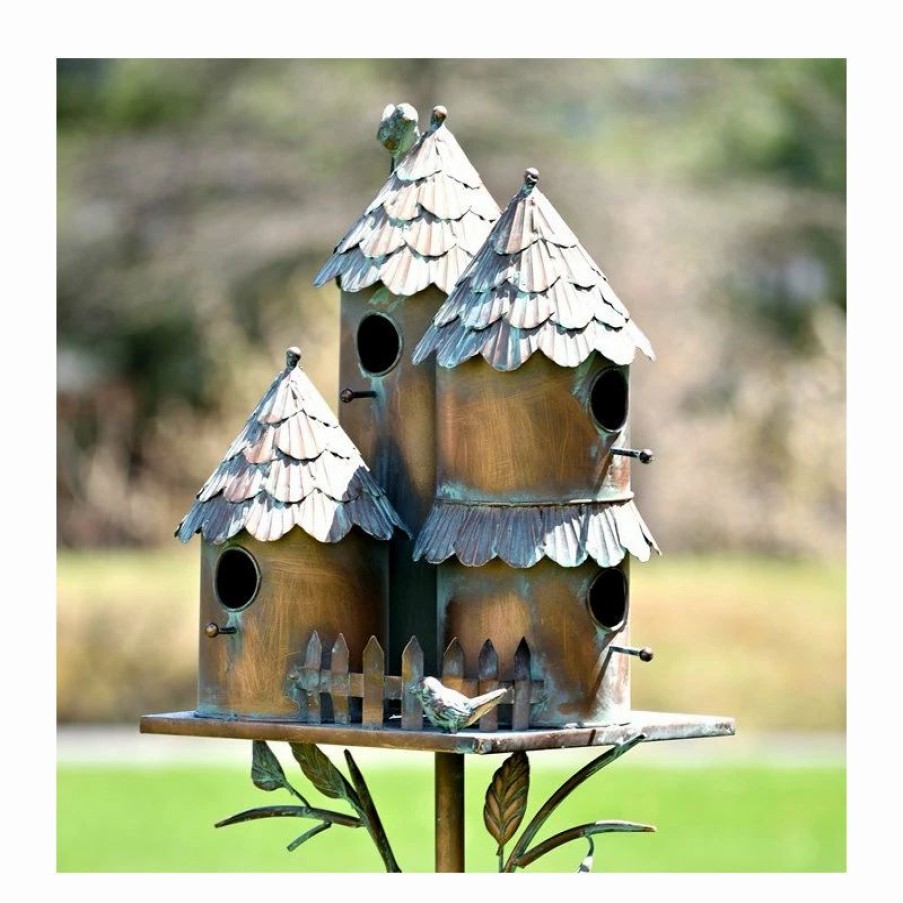 * Zaer Ltd Country Style Large Iron Birdhouse Stake, Pipersville, Cylinder With Fence | Birdhouses