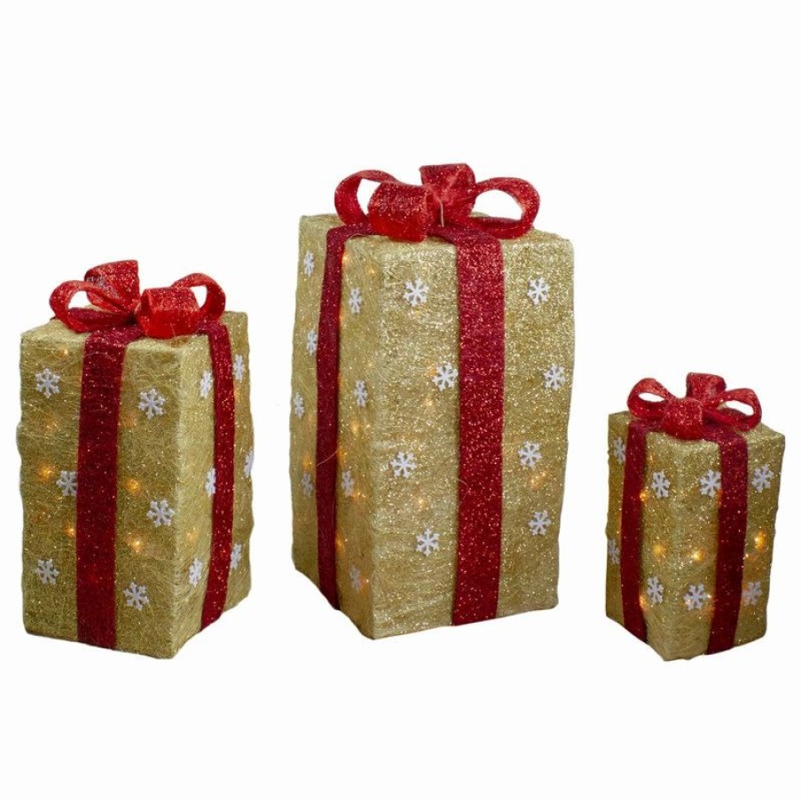 * Northlight Seasonal Lighted Tall Gold Sisal Gift Boxes Christmas Outdoor Decorations, 3-Piece Set | Outdoor Holiday Decorations