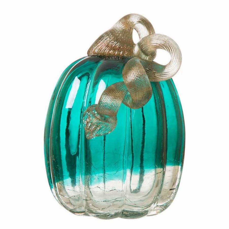 * Glitzhome Handblown Turquoise Crackle Oblate Glass Pumpkin | Outdoor Holiday Decorations