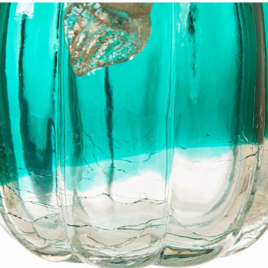 * Glitzhome Handblown Turquoise Crackle Oblate Glass Pumpkin | Outdoor Holiday Decorations