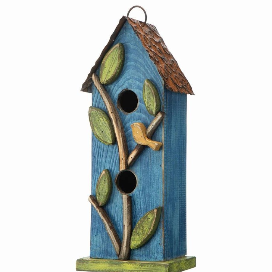 * Glitzhome 13 H Washed Blue Two-Tiered Distressed Solid Wood Birdhouse With Tree And Bird | Birdhouses