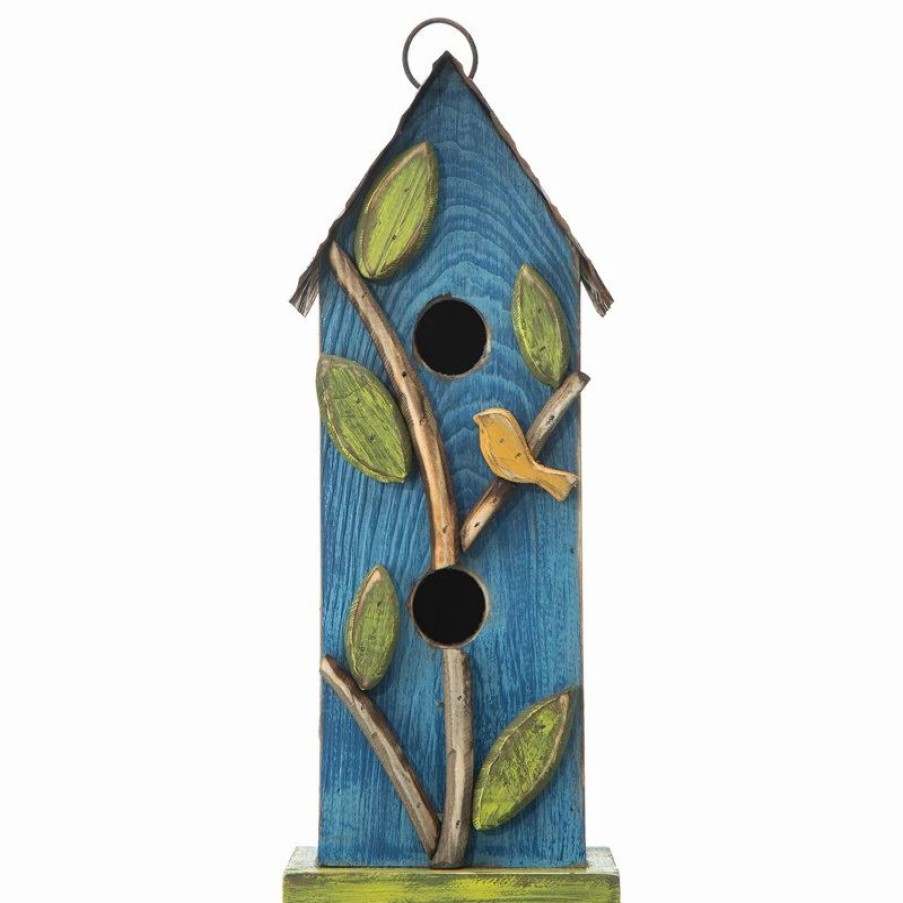 * Glitzhome 13 H Washed Blue Two-Tiered Distressed Solid Wood Birdhouse With Tree And Bird | Birdhouses