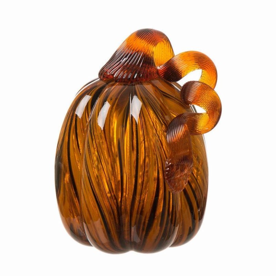 * Glitzhome Tall Swirled Glass Pumpkin, Small | Outdoor Holiday Decorations