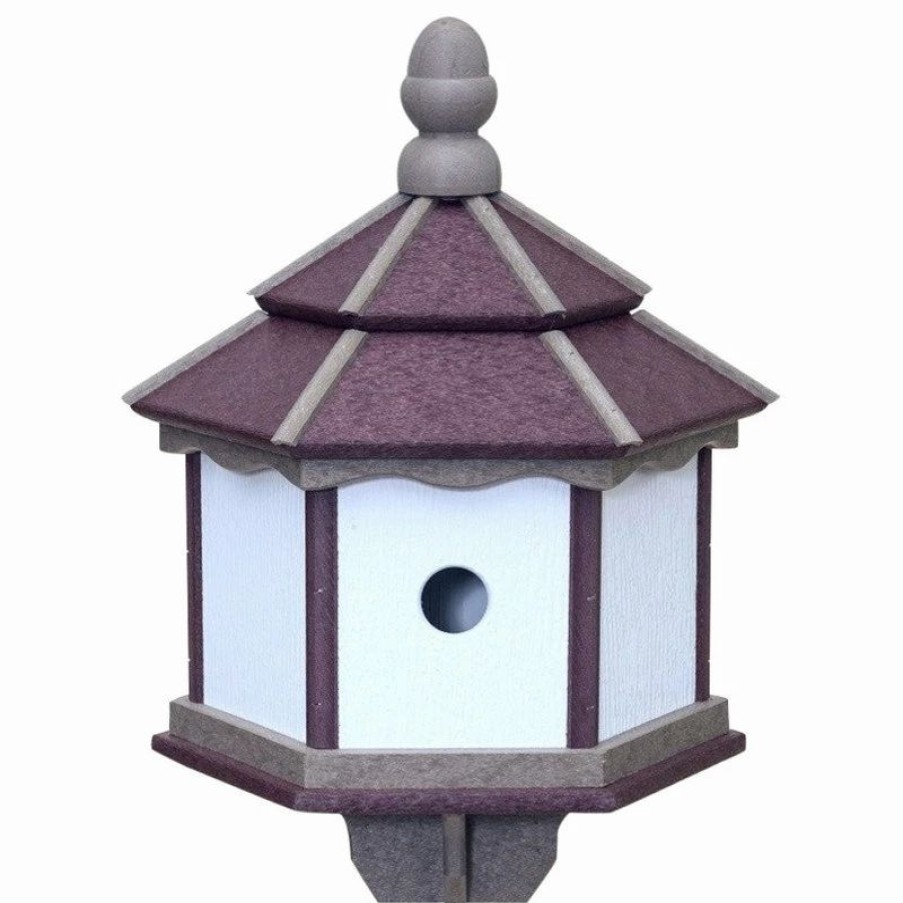 * Handmade For Birds Handmade Large 3-Room Post Mount Hexagon Birdhouse, Cherry, Weatherwood, White | Birdhouses