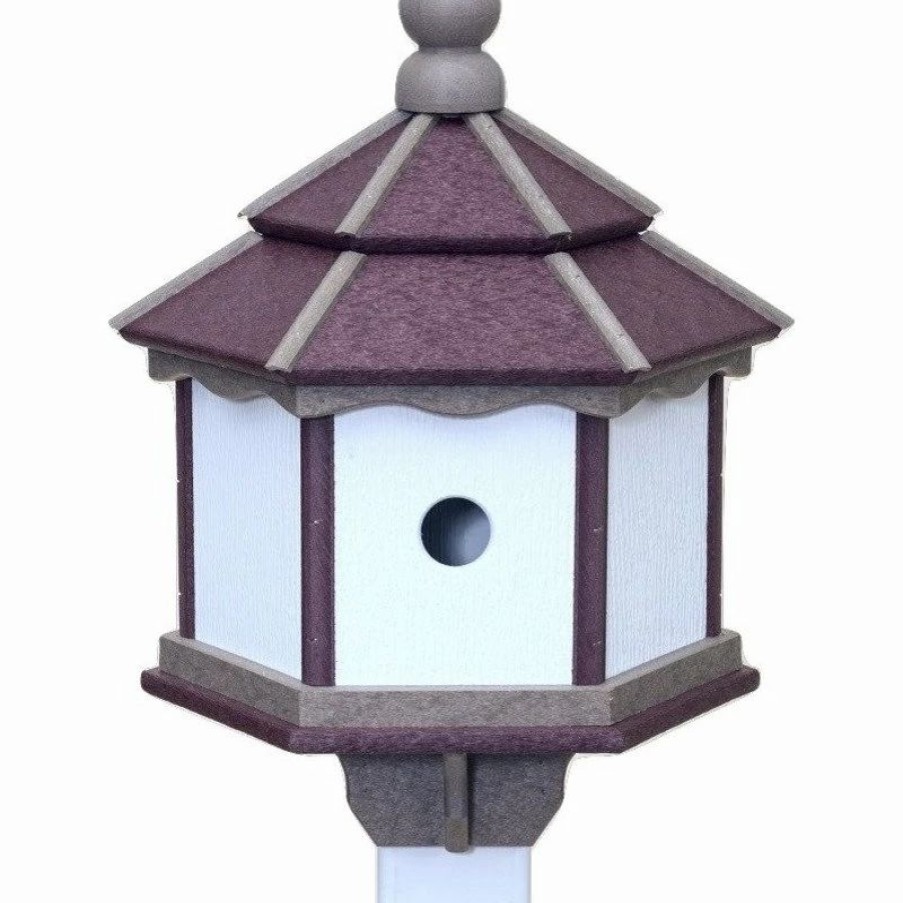 * Handmade For Birds Handmade Large 3-Room Post Mount Hexagon Birdhouse, Cherry, Weatherwood, White | Birdhouses