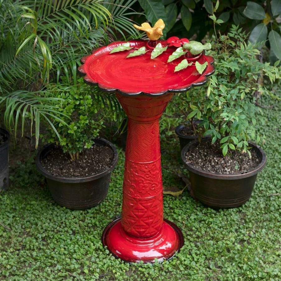 * Alpine Corporation 28 Tall Outdoor Metal Birdbath With Birds And Leaves Yard Statue, Red | Bird Baths