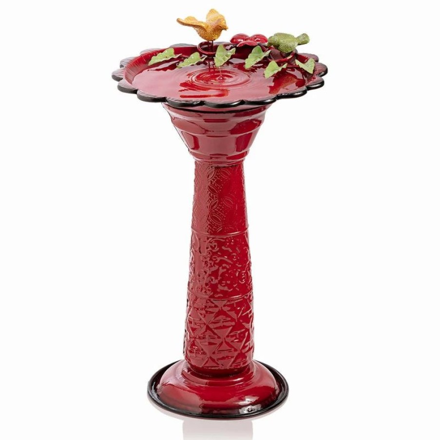 * Alpine Corporation 28 Tall Outdoor Metal Birdbath With Birds And Leaves Yard Statue, Red | Bird Baths