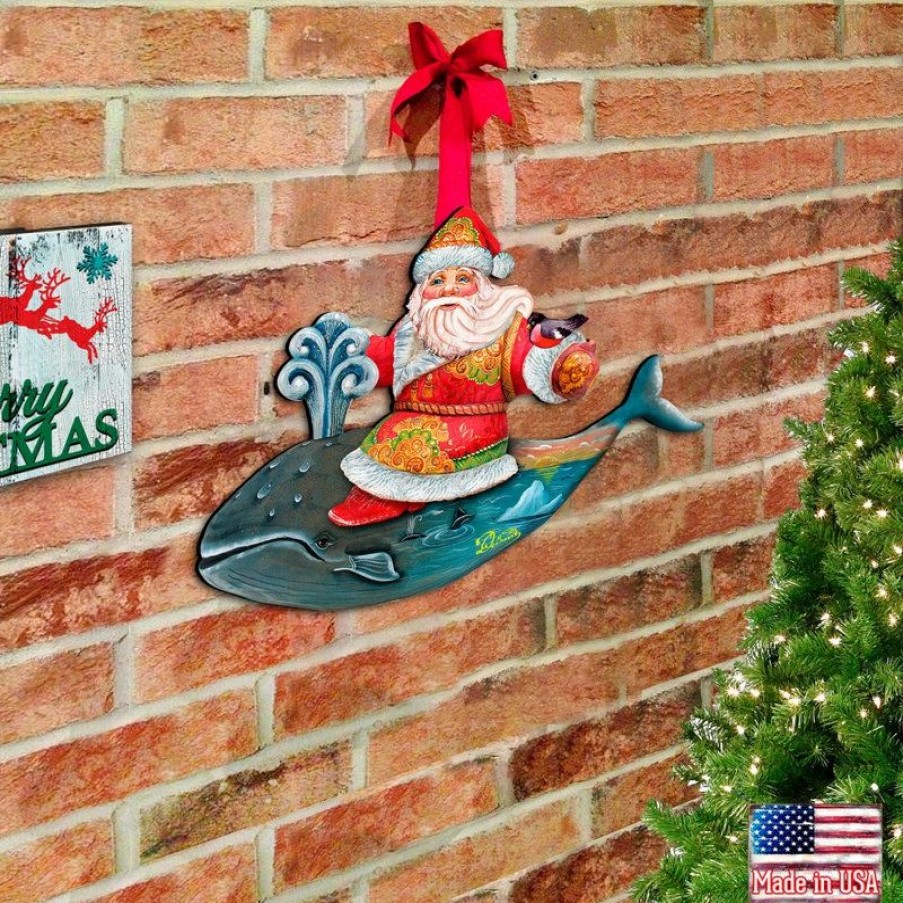 * Amonogramart Coastal Whale Riding Santa, Wooden Decorative Holiday Door Hanger | Outdoor Holiday Decorations