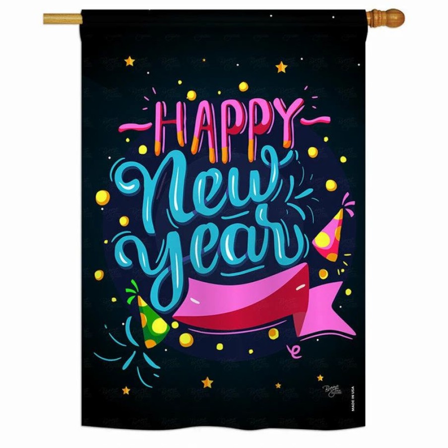 * Breeze Decor Popping Happy New Year Winter, Seasonal New Year House Flag 28 X40 | Flags & Flagpoles