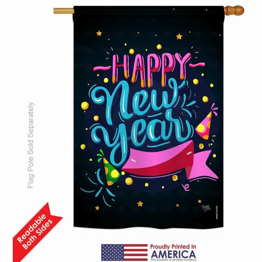 * Breeze Decor Popping Happy New Year Winter, Seasonal New Year House Flag 28 X40 | Flags & Flagpoles