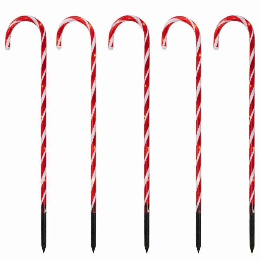 * Northlight Seasonal Set Of 5 Red Lighted Candy Cane Christmas Lawn Stakes 28 | Outdoor Holiday Decorations