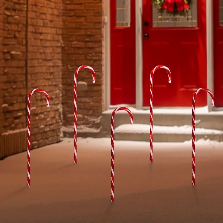 * Northlight Seasonal Set Of 5 Red Lighted Candy Cane Christmas Lawn Stakes 28 | Outdoor Holiday Decorations