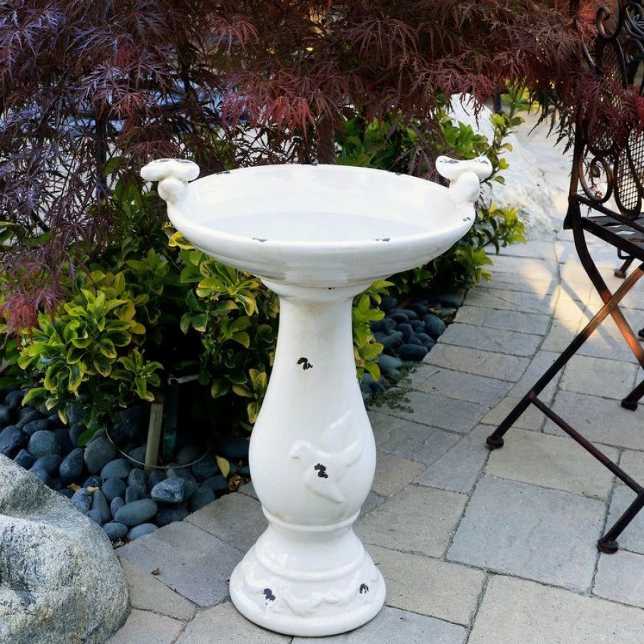 * Alpine Corporation 25 Tall Antique Ceramic Birdbath With Bird Figurines Statue, Light Brown | Bird Baths