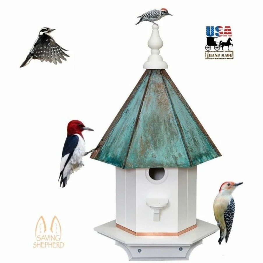 * Usa Handctafted Woodpecker Birdhouse, Azek Vinyl/Patina Copper Roof Bird House | Birdhouses