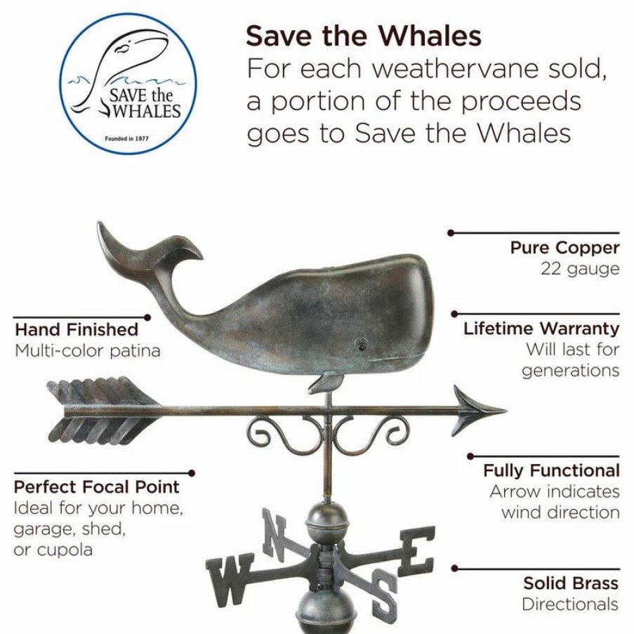 * Good Directions, Inc. Save The Whales Weathervane, Pure Copper Hand Finished Patina By Good Directions | Weather Vanes