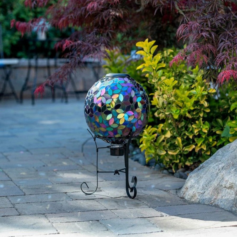 * Alpine Corporation Outdoor Solar Powered Glass Mosaic Gazing Globe With Metal Stand, Purple | Garden Statues & Yard Art