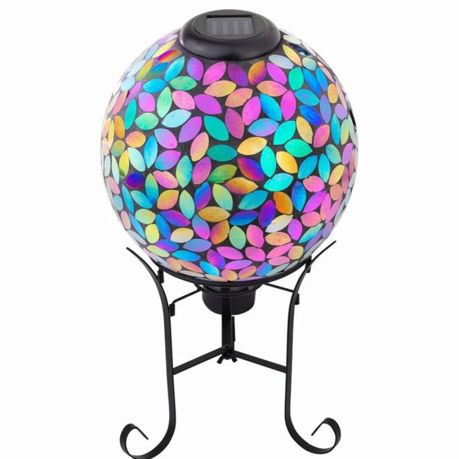 * Alpine Corporation Outdoor Solar Powered Glass Mosaic Gazing Globe With Metal Stand, Purple | Garden Statues & Yard Art