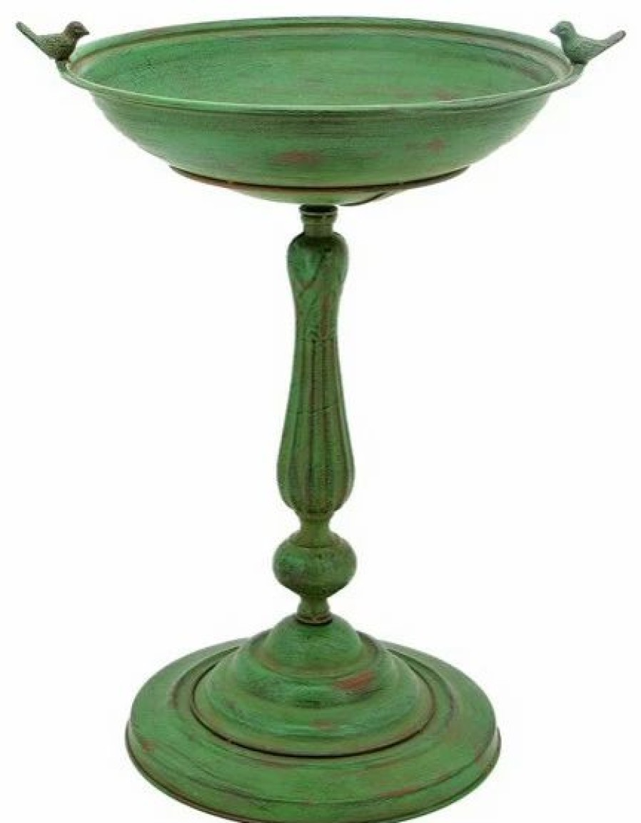 * Zaer Ltd Round Pedestal Birdbath With Bird Details In Green | Bird Baths