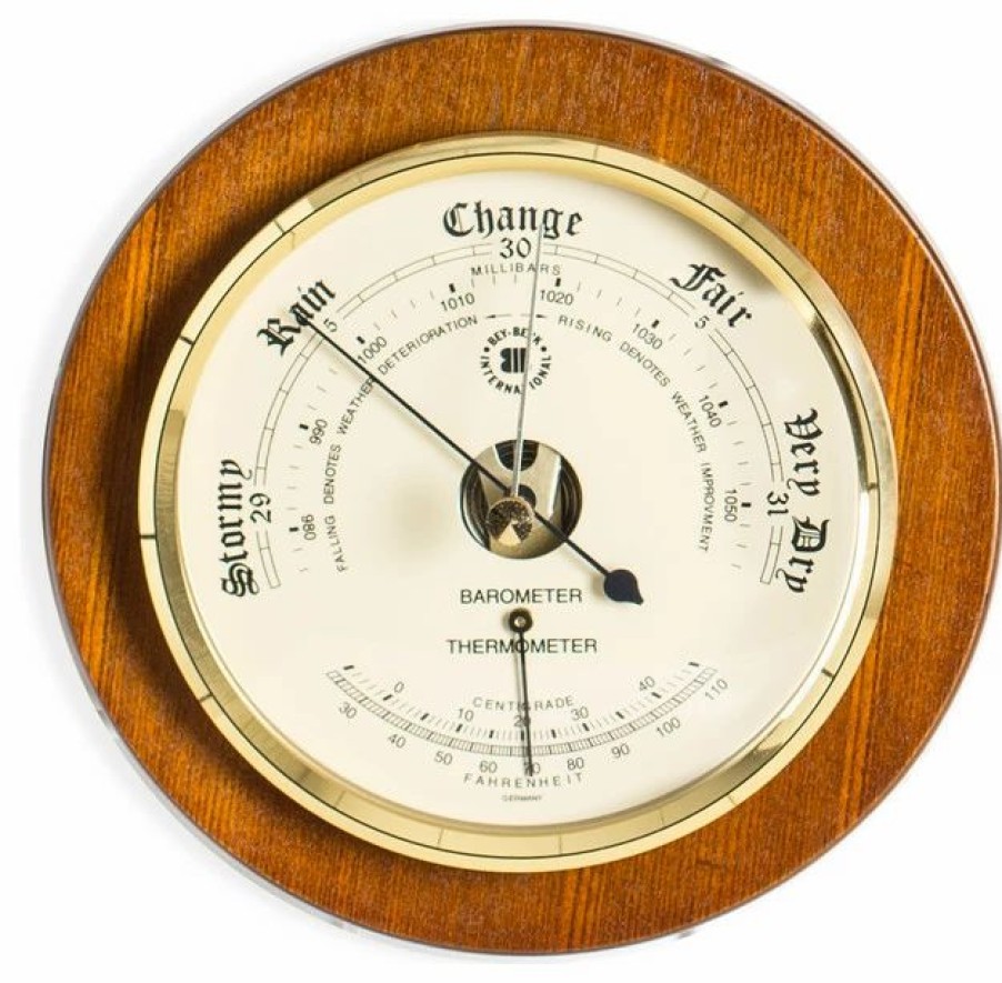 * Bey-Berk International Barometer With Thermometer On 9 Cherry Wood | Decorative Thermometers